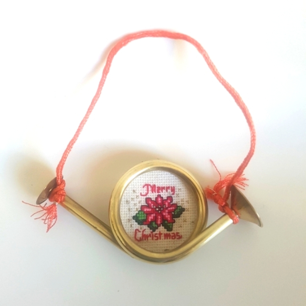 Brass Horn with Merry Christmas Crosstitch